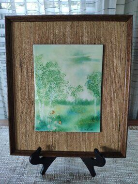 VTG Enameled Copper Artwork Framed Hand Painted Butterflies in Woods, signed 15"
